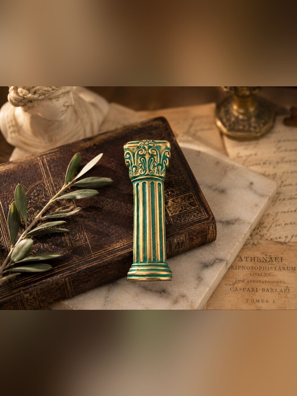 Vintage Brooch Axcess Greco-Roman Corinthian Column Gold Tone & Turquoise Patina